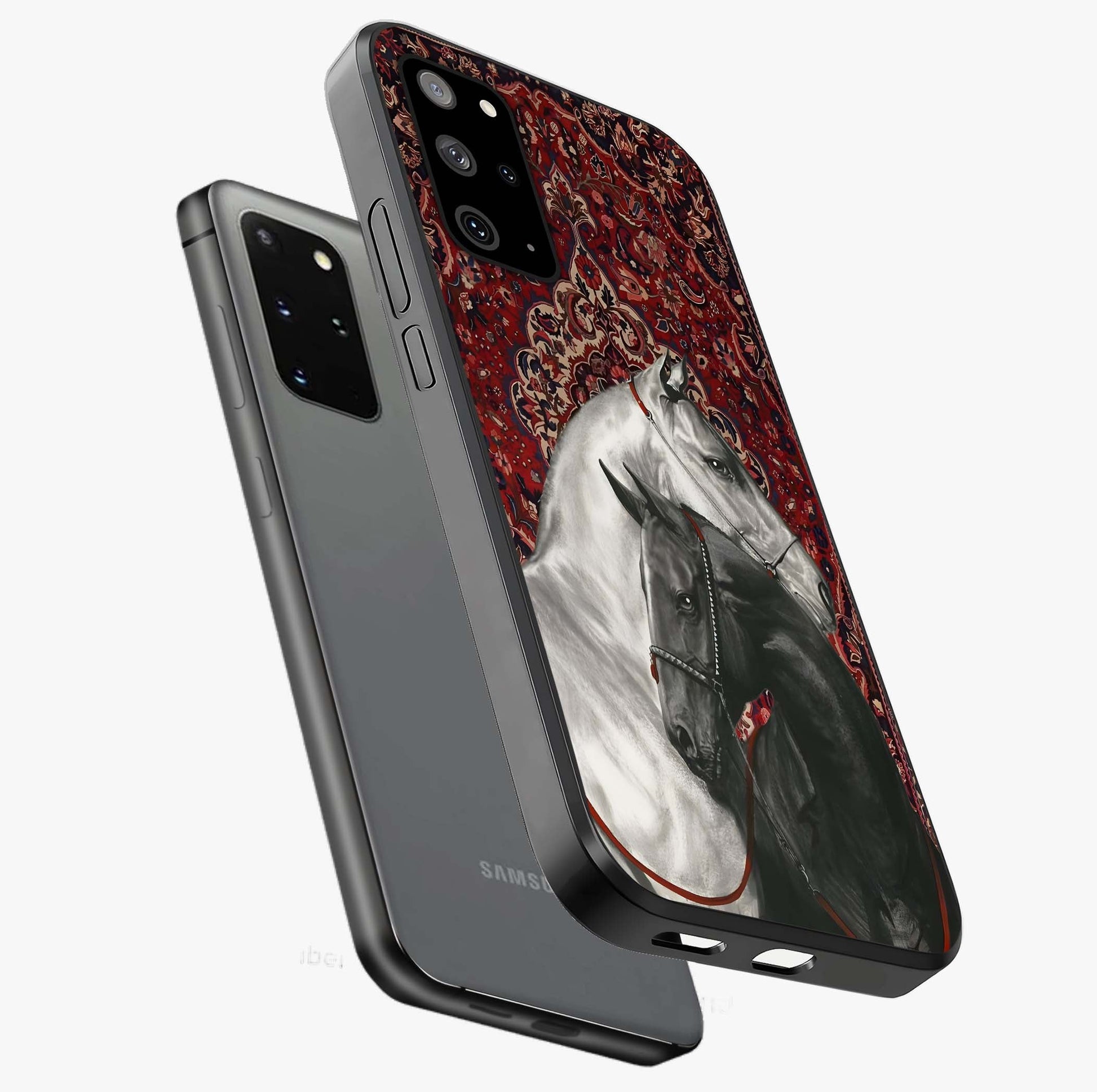 Regal Stallion Tapestry Glass Case displayed in angled mockup highlighting royal stallion design with decorative heritage aesthetic.