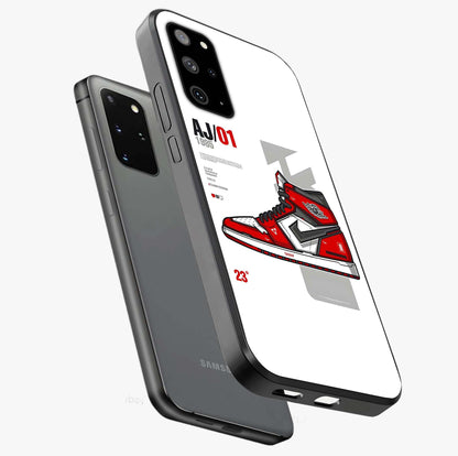 Retro Sneaker Blueprint Glass Case displayed in angled mockup highlighting detailed shoe design with sporty retro aesthetic.
