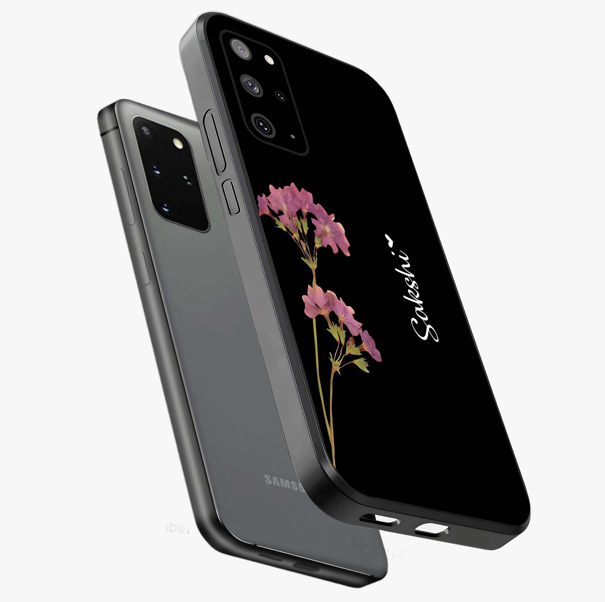 Riching Lavender Flower Custom Name Glass Case displayed in angled mockup highlighting delicate lavender flower design with custom name feature.