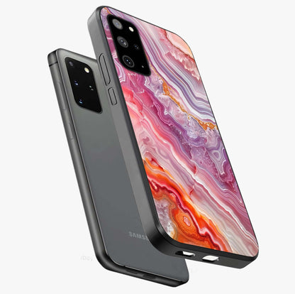 Rose Quartz Marble Glass Case displayed in angled mockup highlighting elegant marble pattern with soft aesthetic style.