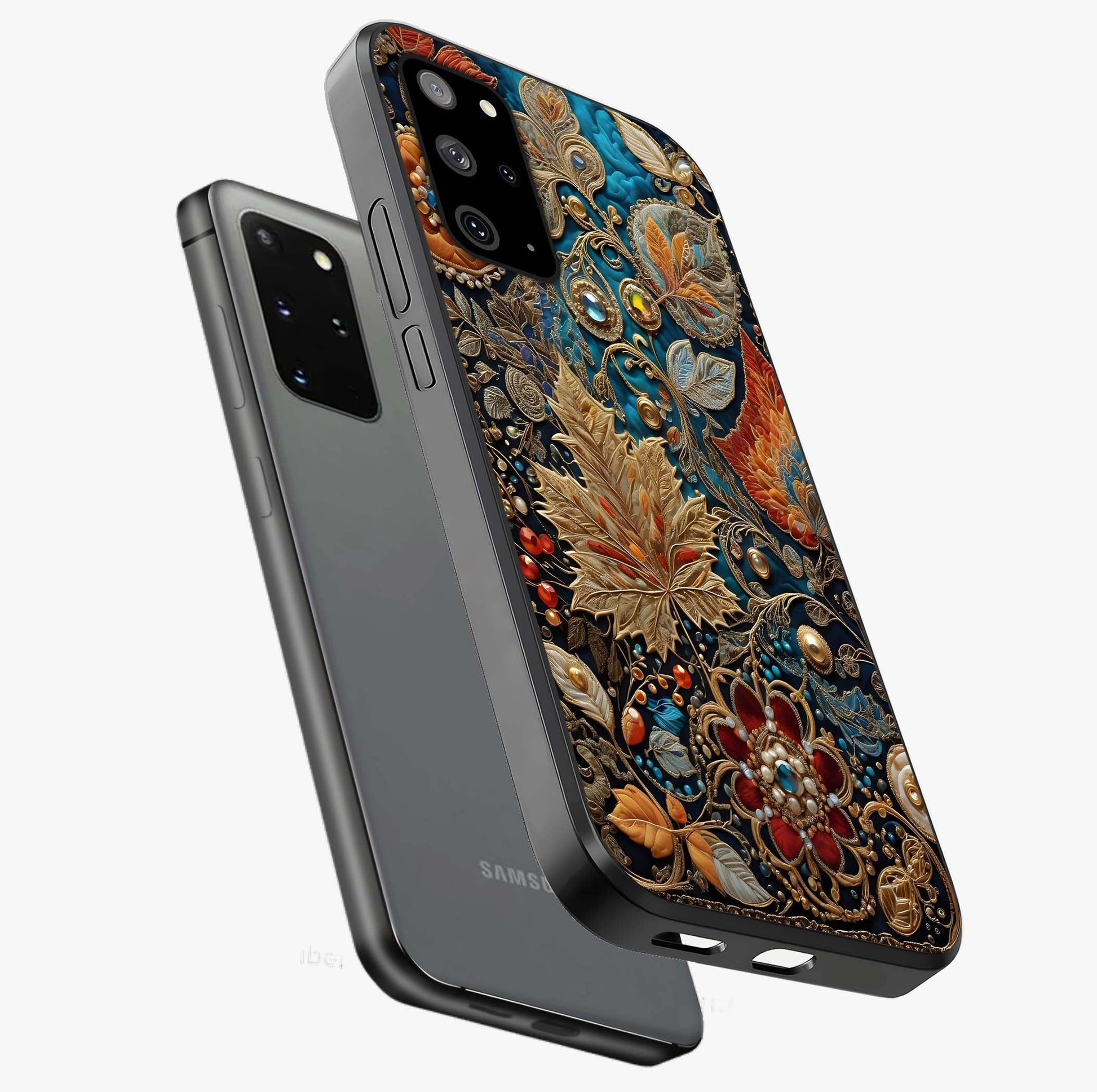 Royal Jewel Garden Glass Case displayed in angled mockup highlighting vibrant jewel inspired floral design with elegant aesthetic.
