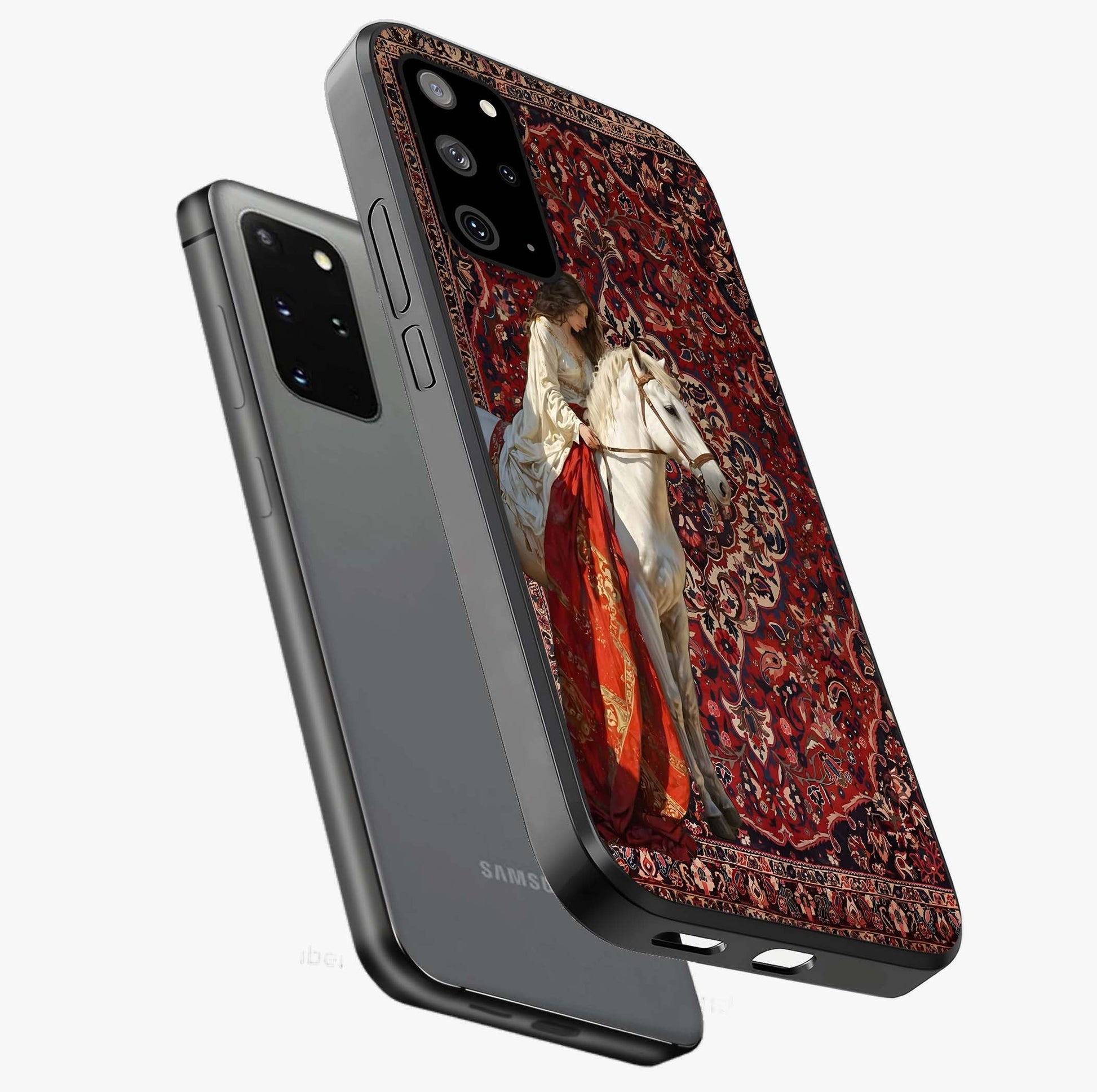 Royal Rider Tapestry Glass Case displayed in angled mockup highlighting traditional tapestry design with royal heritage aesthetic.