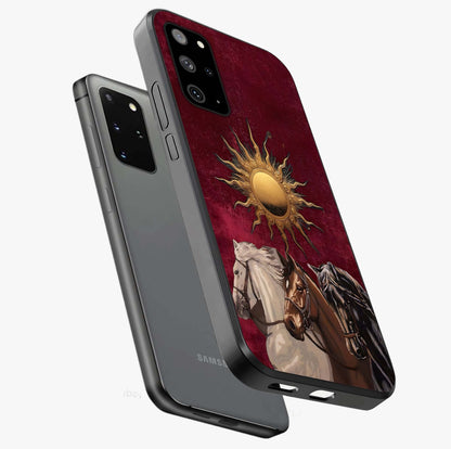 Solar Riders Glass Case displayed in angled mockup highlighting powerful rider illustration with radiant solar aesthetic.