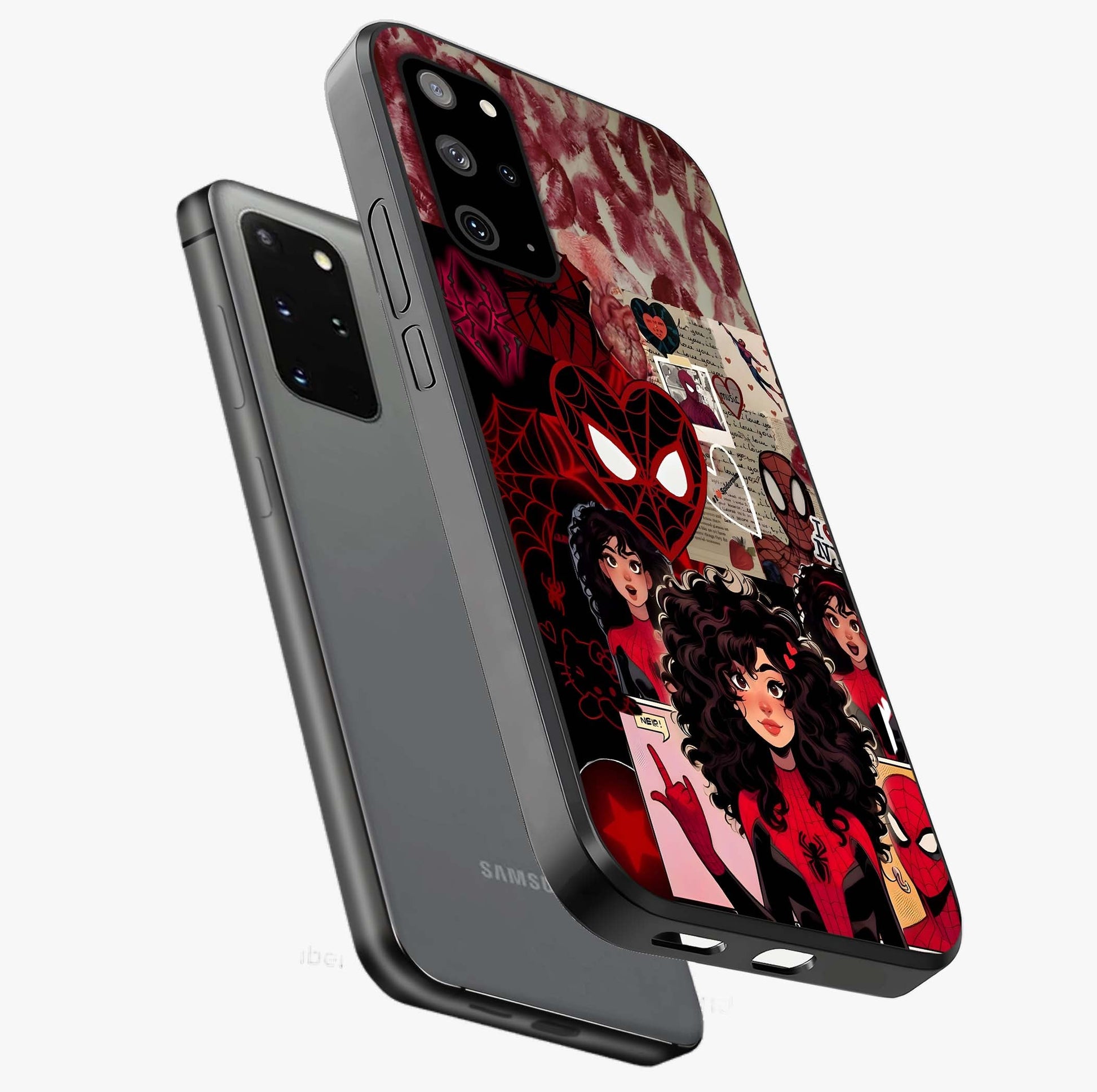 Spider Love Story Glass Case displayed in angled mockup highlighting expressive comic inspired design with playful aesthetic.