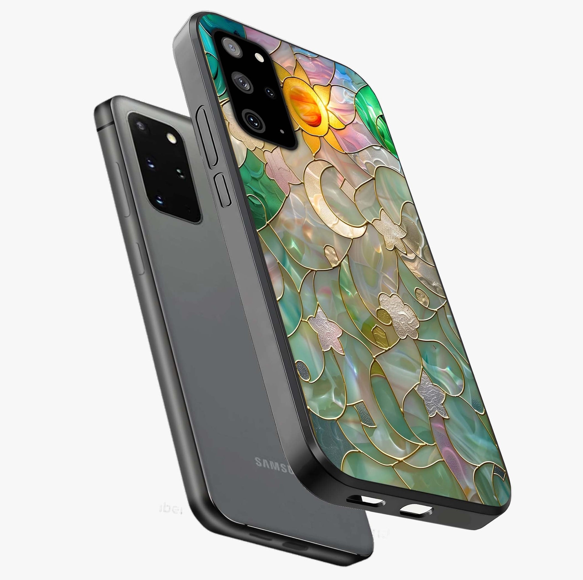 Stained Sunrise Glow Glass Case displayed in angled mockup highlighting radiant sunrise design with artistic aesthetic style.