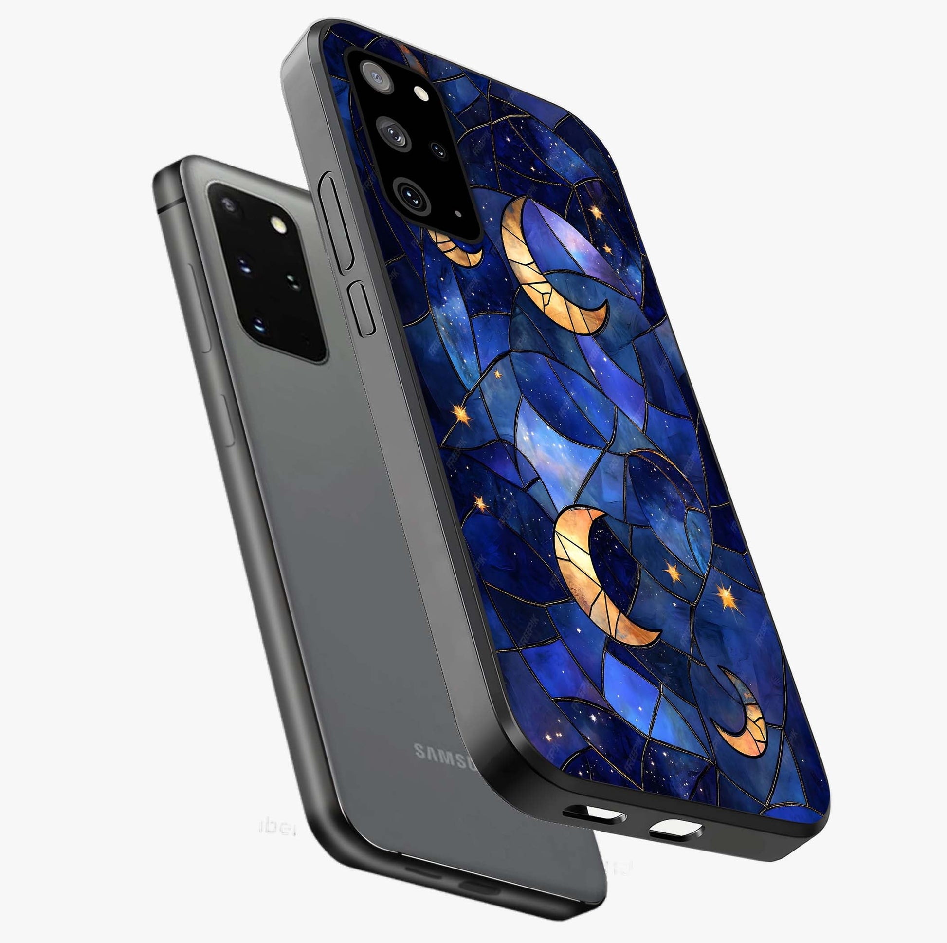 Starlit Sky Tapestry Glass Case displayed in angled mockup highlighting celestial night pattern with artistic aesthetic style.