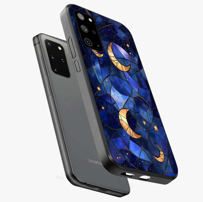 Starlit Sky Tapestry Glass Case displayed in angled mockup highlighting celestial night pattern with artistic aesthetic style.