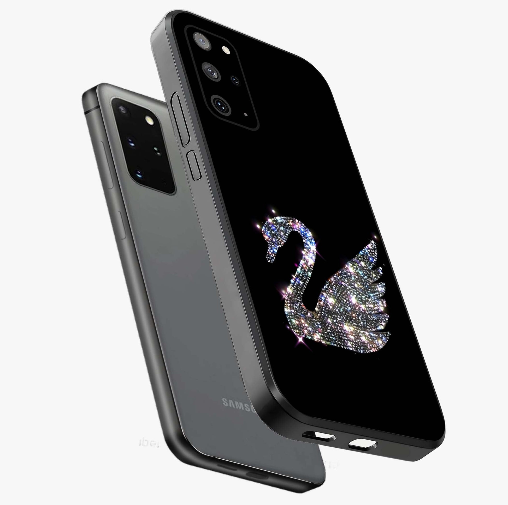 Starlit Swan Grace Glass Case displayed in angled mockup highlighting elegant swan illustration with dreamy celestial aesthetic.
