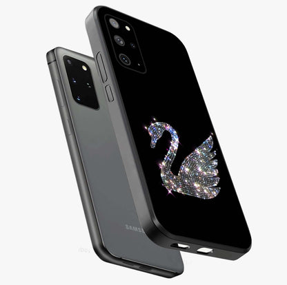 Starlit Swan Grace Glass Case displayed in angled mockup highlighting elegant swan illustration with dreamy celestial aesthetic.