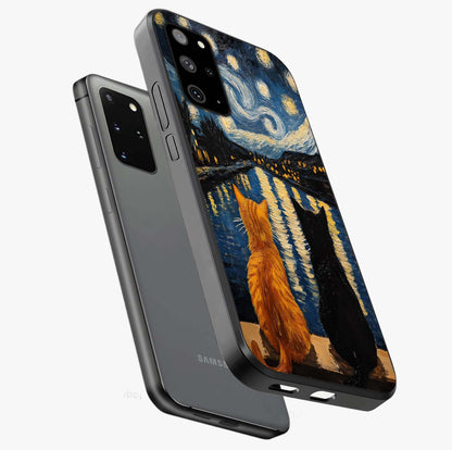 Starry River Cats Glass Case displayed in angled mockup highlighting charming feline illustration with dreamy night aesthetic.
