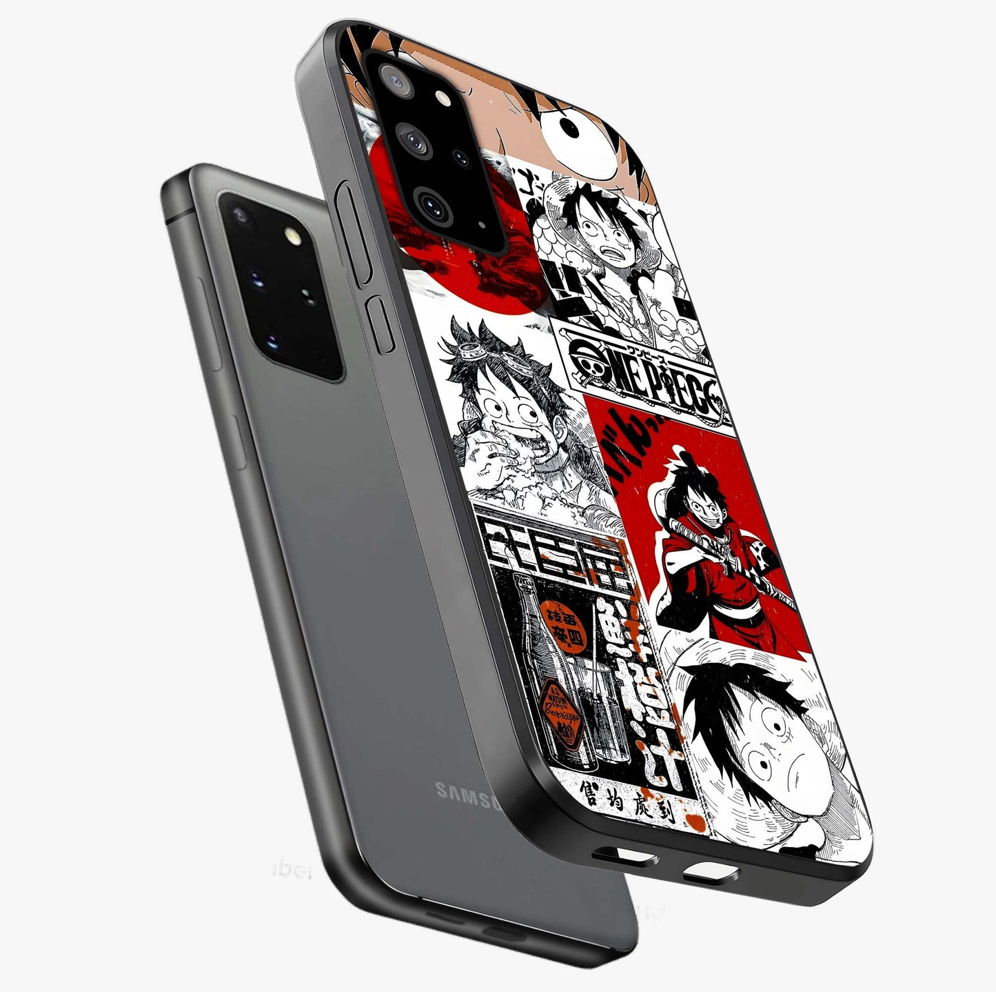 Strawhat Chaos Panels Glass Case displayed in angled mockup highlighting vibrant anime collage design with action aesthetic.