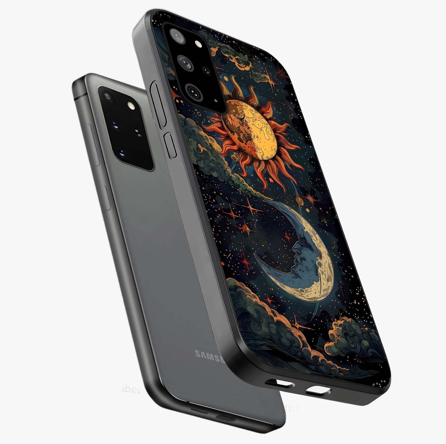 Sun And Moon Magic Design Glass Case displayed in angled mockup highlighting celestial design with magical cosmic aesthetic.
