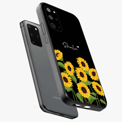Sunflower Chic Mood Custom Name Glass Case displayed in angled mockup highlighting vibrant sunflower design with custom name feature.