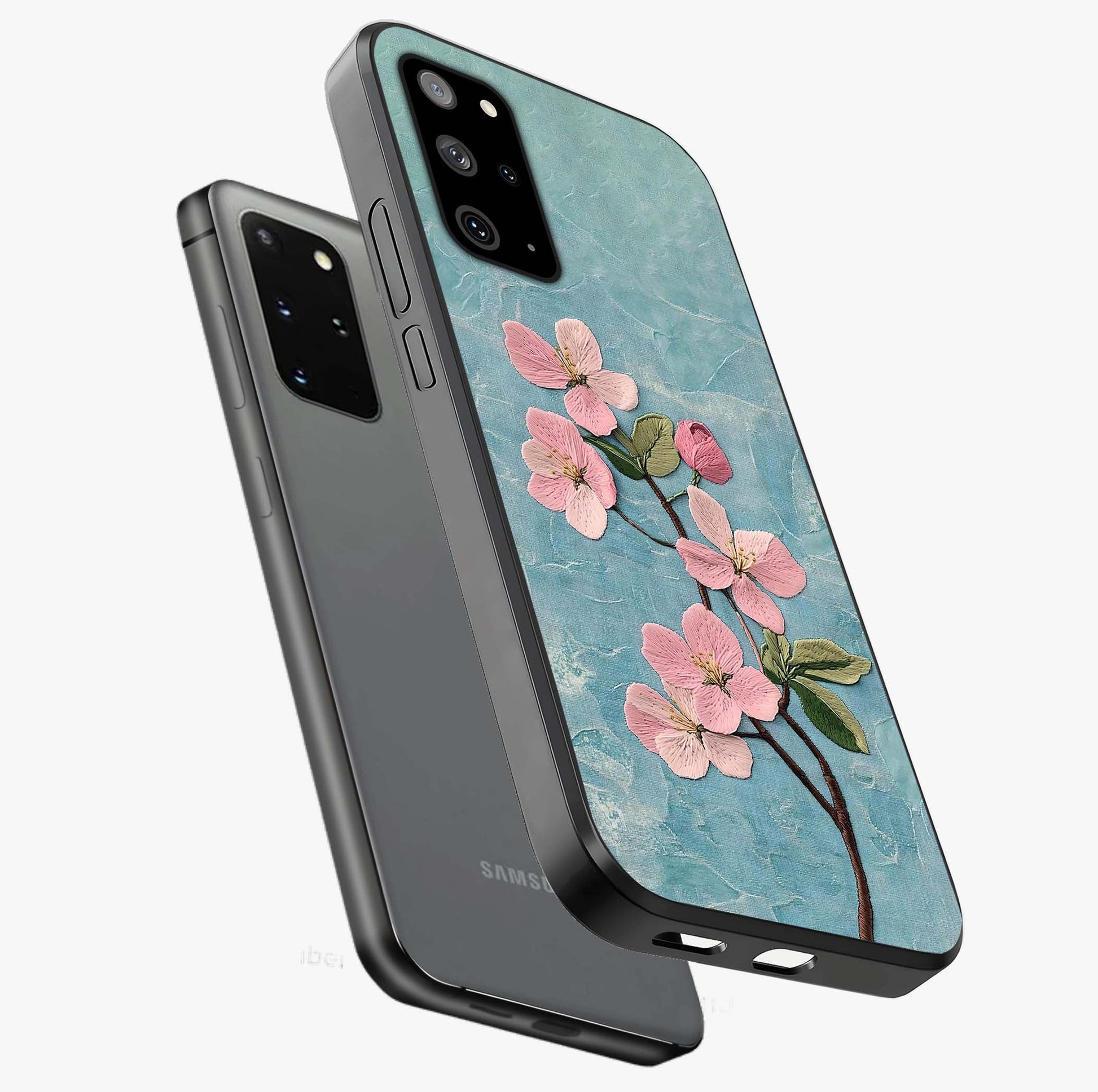 Threaded Blossom Breeze Glass Case displayed in angled mockup highlighting elegant floral design with soft aesthetic style.
