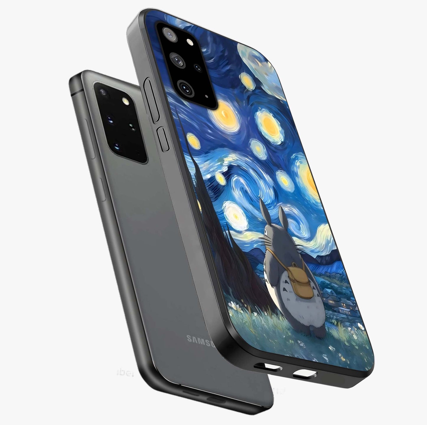 Totoro In Van Gogh Art Glass Case displayed in angled mockup highlighting artistic swirling sky design with playful animation aesthetic.