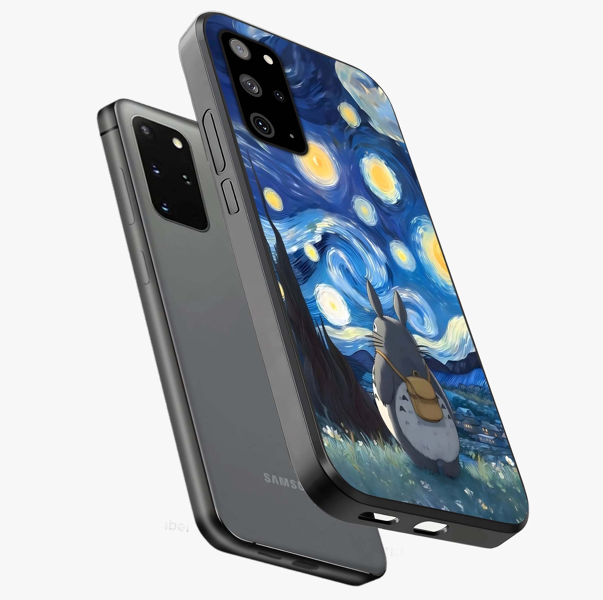 Totoro In Van Gogh Art Glass Case displayed in angled mockup highlighting artistic swirling sky design with playful animation aesthetic.