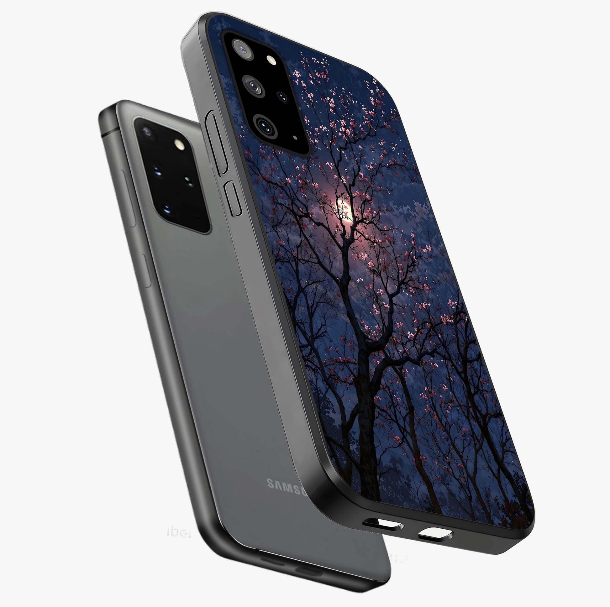 Twilight Sakura Serenade Glass Case displayed in angled mockup highlighting delicate sakura flower design with dreamy aesthetic.