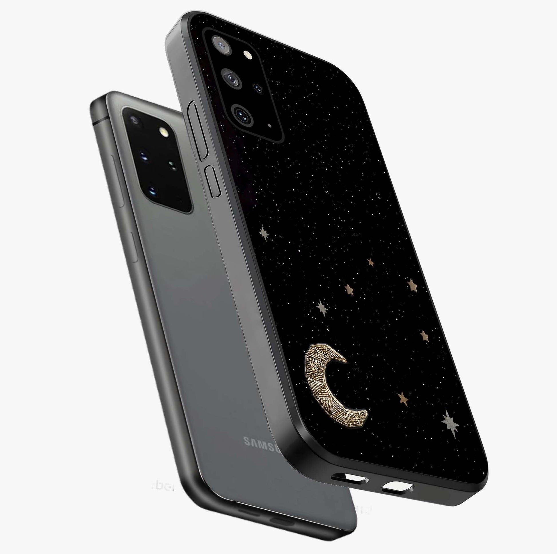 Twinkle Star With Half Moon Glass Case displayed in angled mockup highlighting celestial moon and star design with magical aesthetic.