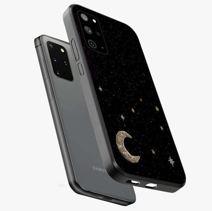 Twinkle Star With Half Moon Glass Case displayed in angled mockup highlighting celestial moon and star design with magical aesthetic.