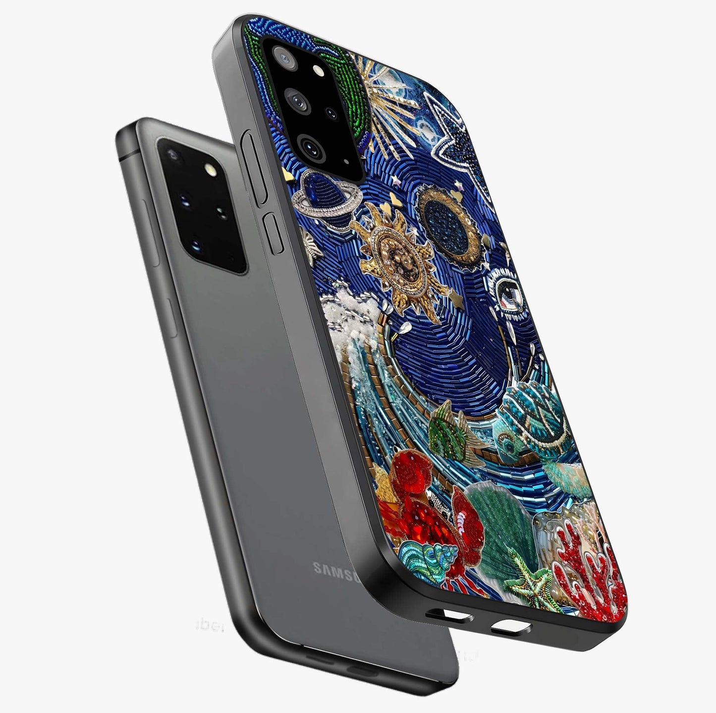 Universe Underwater Spark Glass Case displayed in angled mockup highlighting glowing aquatic design with celestial aesthetic.
