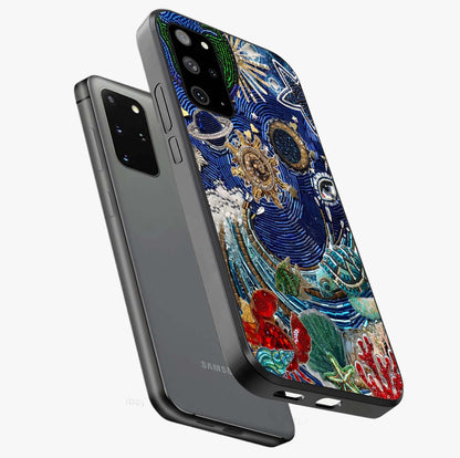Universe Underwater Spark Glass Case displayed in angled mockup highlighting glowing aquatic design with celestial aesthetic.