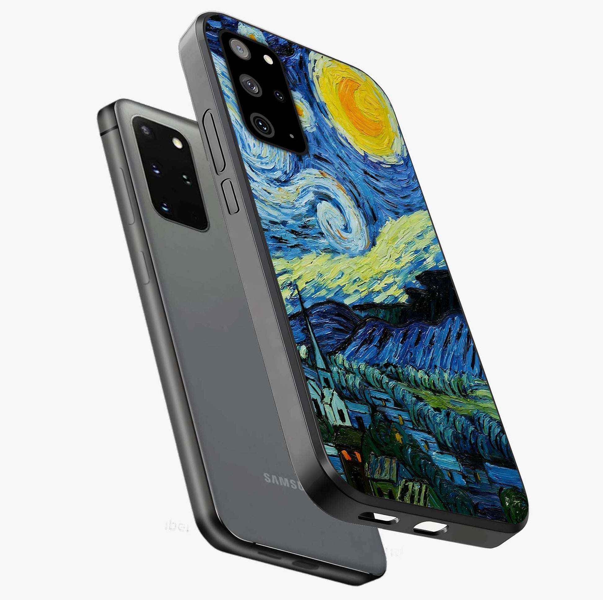 Van Gogh Art Glass Case displayed in angled mockup highlighting swirling brushstroke design with artistic aesthetic.