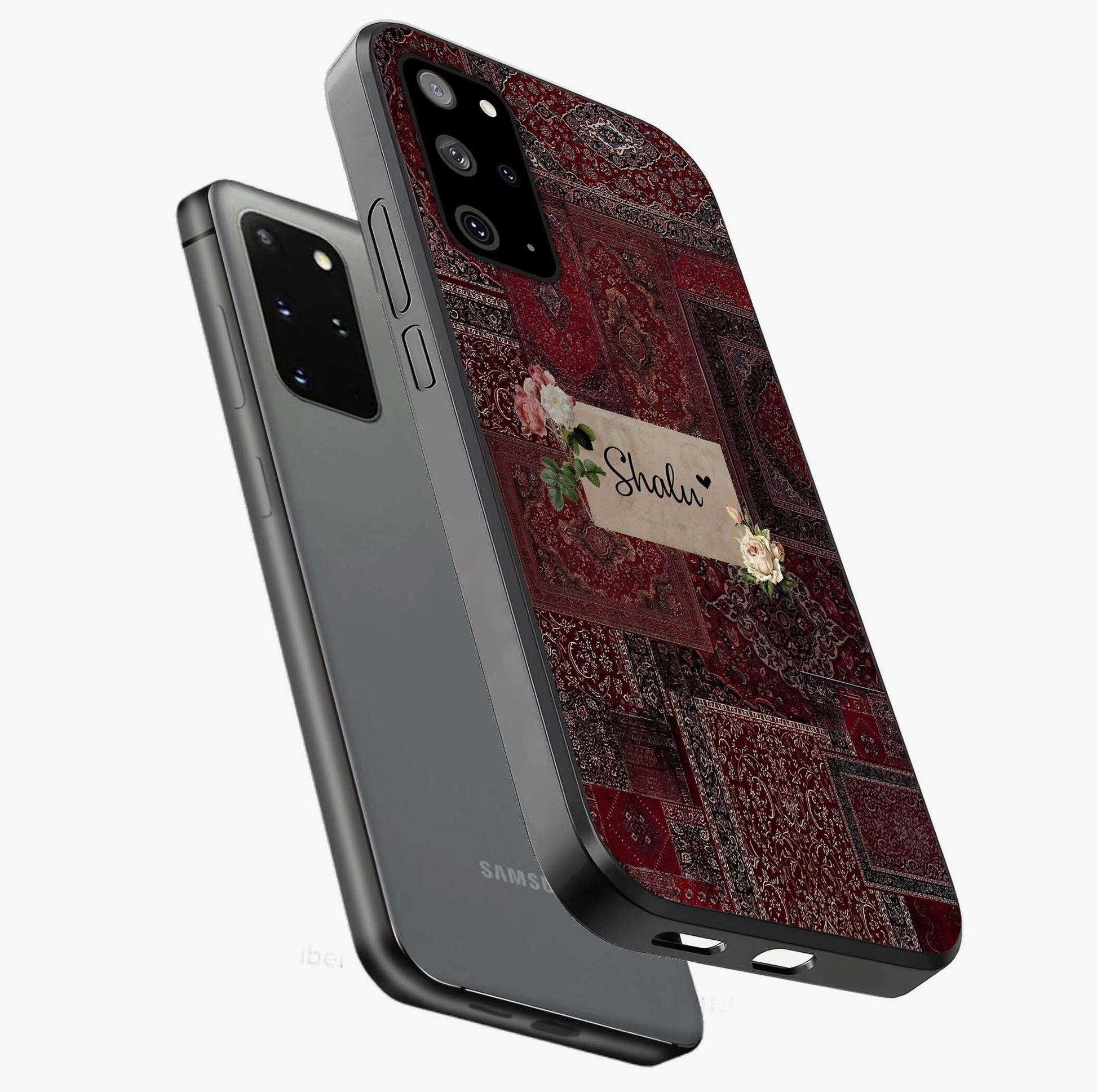 Velvet Wine Pattern Custom Name Glass Case displayed in angled mockup highlighting decorative velvet inspired design with custom name feature.