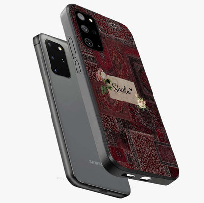 Velvet Wine Pattern Custom Name Glass Case displayed in angled mockup highlighting decorative velvet inspired design with custom name feature.