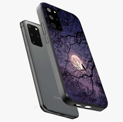 Whispering Moon Silence Glass Case displayed in angled mockup highlighting calm lunar design with dreamy night aesthetic.