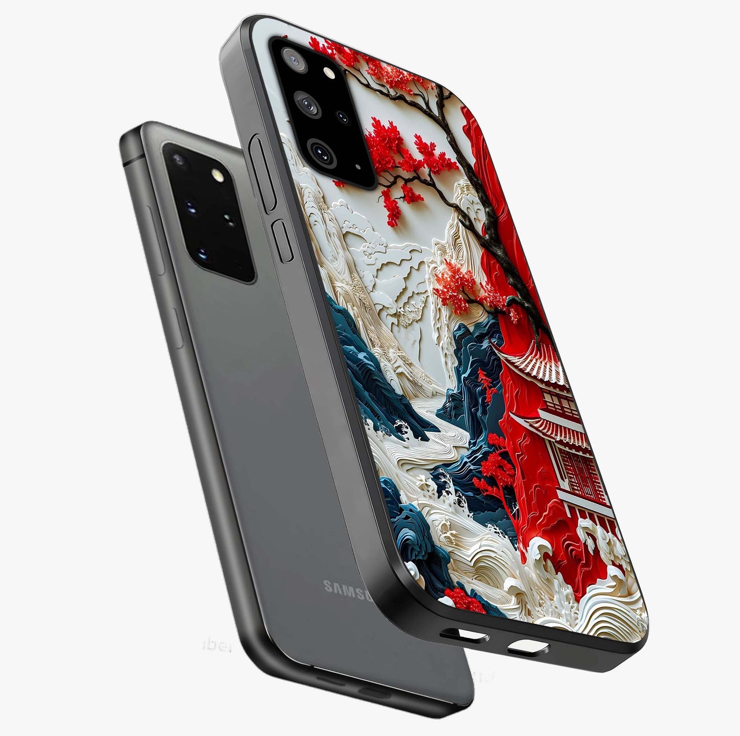 Whispers Of Sakura Waves Glass Case displayed in angled mockup highlighting flowing sakura design with soft floral aesthetic.