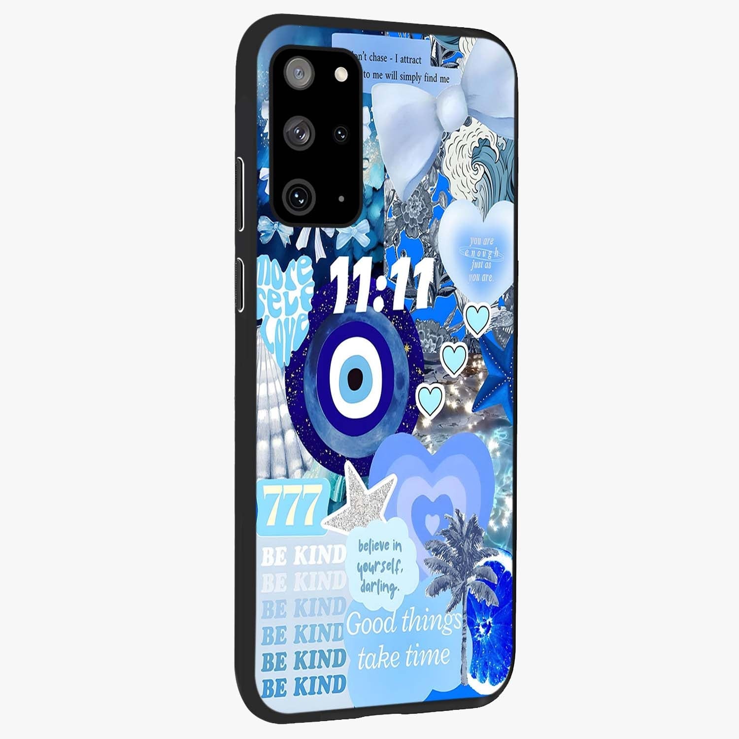 Aesthetic Be Kind Eye Glass Case upright view showcasing stylish eye illustration with positive message theme.