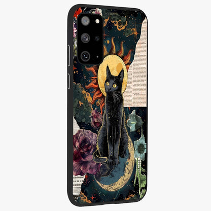 Celestial Black Cat Glass Case upright view showcasing magical black cat illustration with starry cosmic theme.