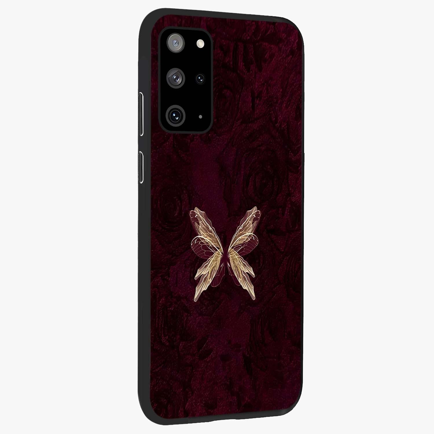 Crimson Fade Butterfly Glass Case upright view showcasing graceful butterfly artwork with soft crimson fade effect.