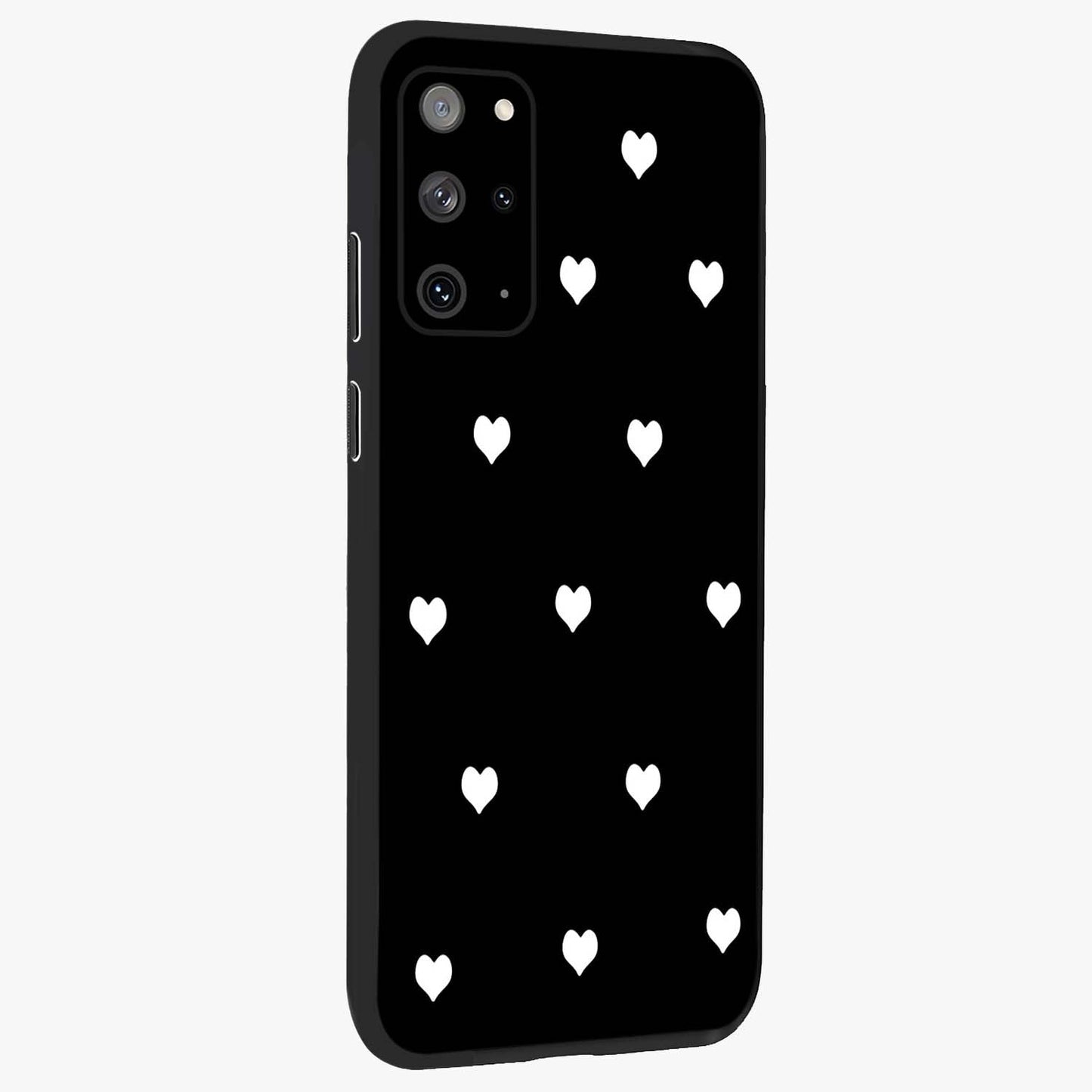 Cute And Simple White Hearts Glass Case upright view showcasing simple white hearts artwork with soft minimal theme.
