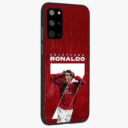 Goal Celebration Legacy Glass Case upright view showcasing dynamic football inspired artwork with victory celebration aesthetic.