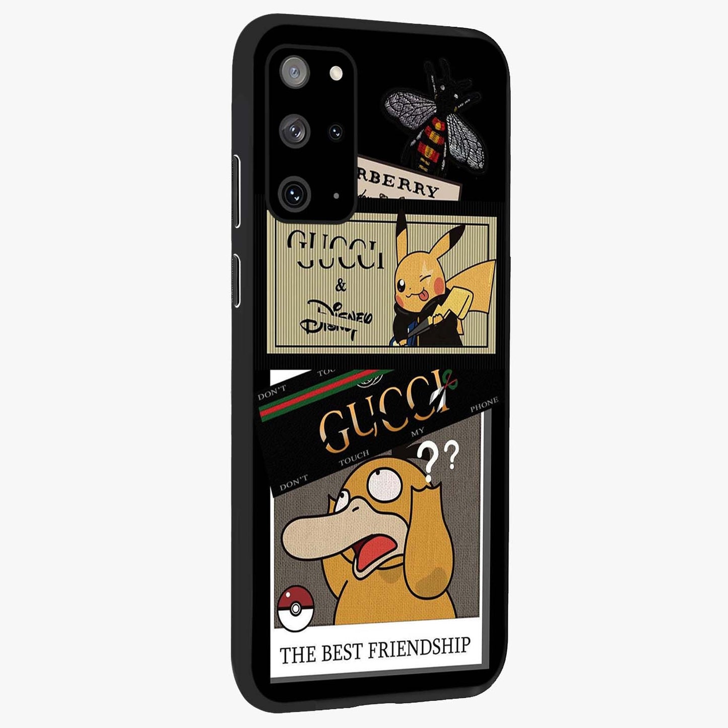 Gucci Play Mashup Glass Case upright view showcasing trendy luxury inspired artwork with modern fashion theme.