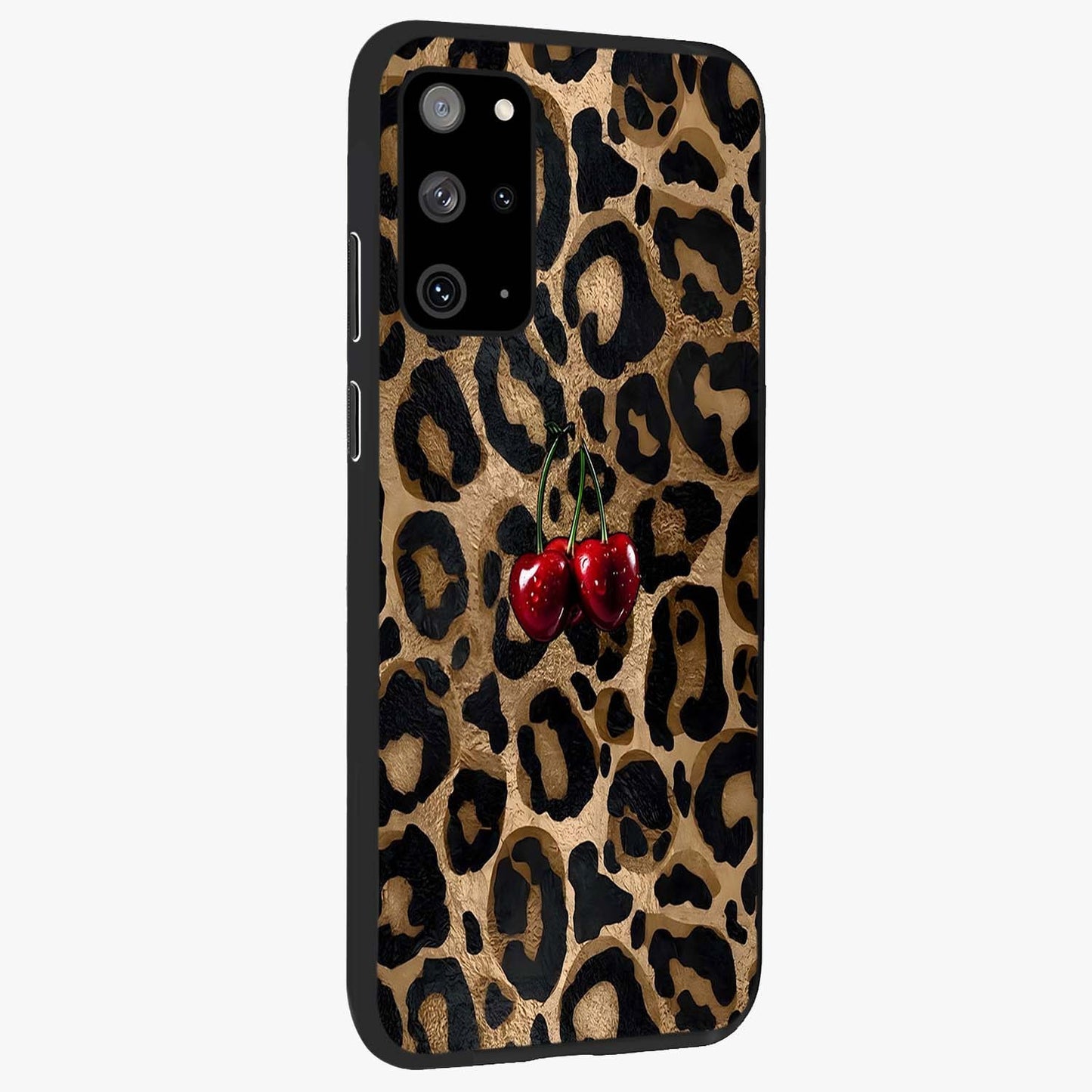 Leopard Wild Cherry Glass Case upright view showcasing stylish leopard pattern artwork with trendy fashion theme.