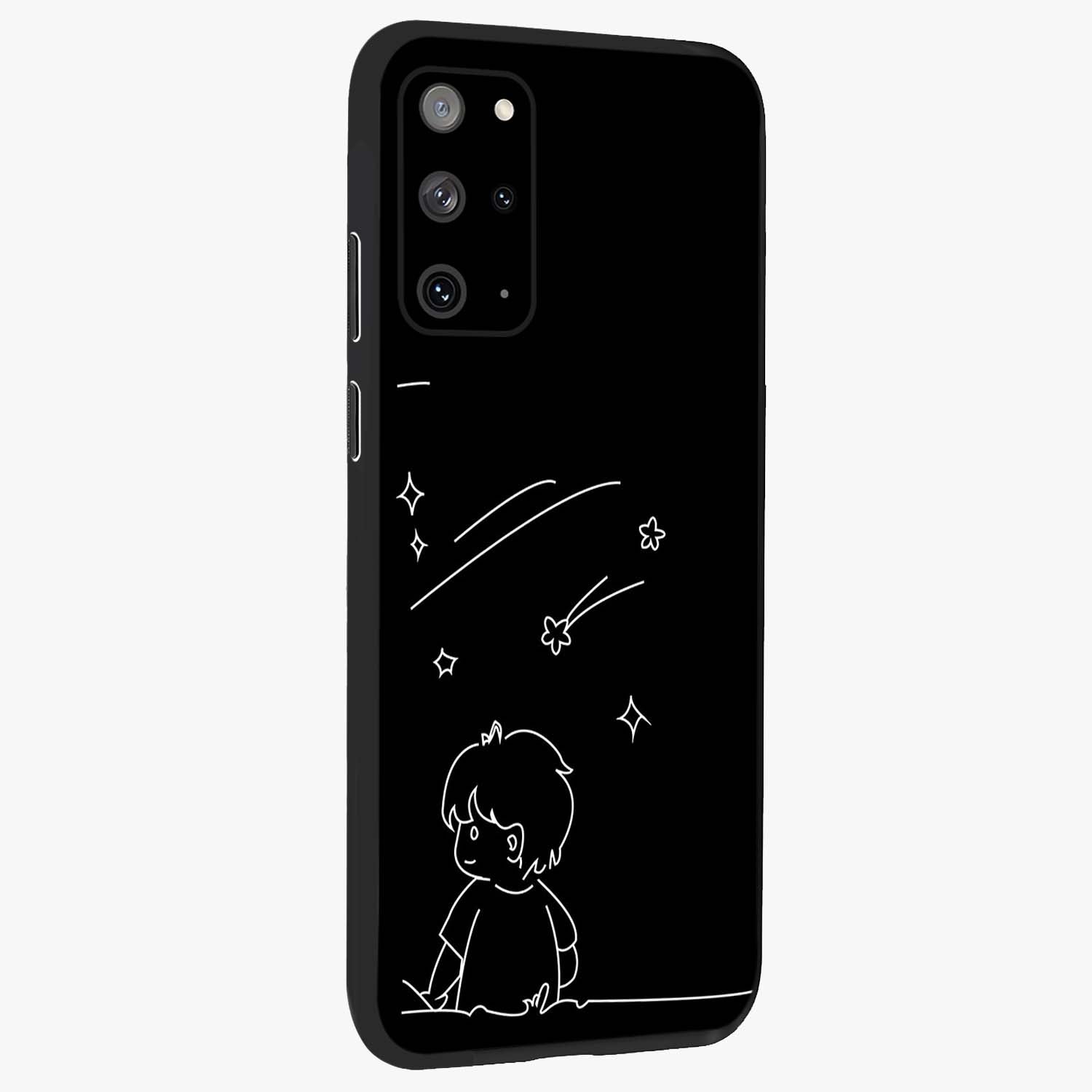 Line Art Boy With Shooting Stars Glass Case upright view showcasing artistic shooting star illustration with minimal style.