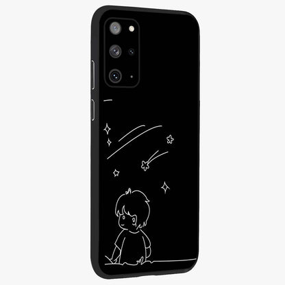Line Art Boy With Shooting Stars Glass Case upright view showcasing artistic shooting star illustration with minimal style.