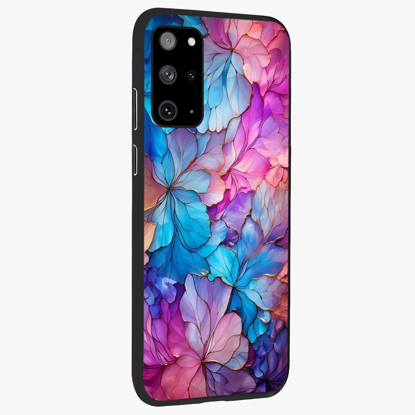 Radiant Floral Whirl Glass Case upright view showcasing lively floral artwork with decorative swirl theme.