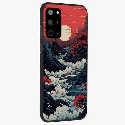 Red Sunset Scenery Glass Case upright view showcasing dramatic sunset scenery artwork with warm nature theme.