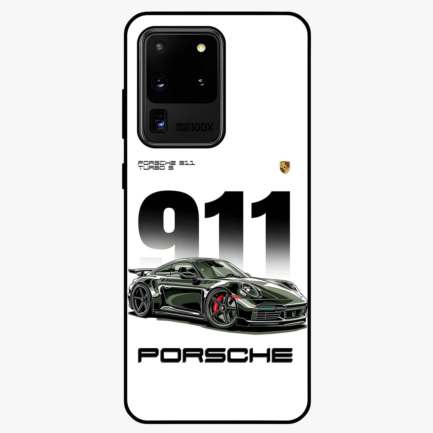 911 Turbo Dominance Glass Case showing clean flat back view with bold 911 sports car artwork and glossy glass finish.