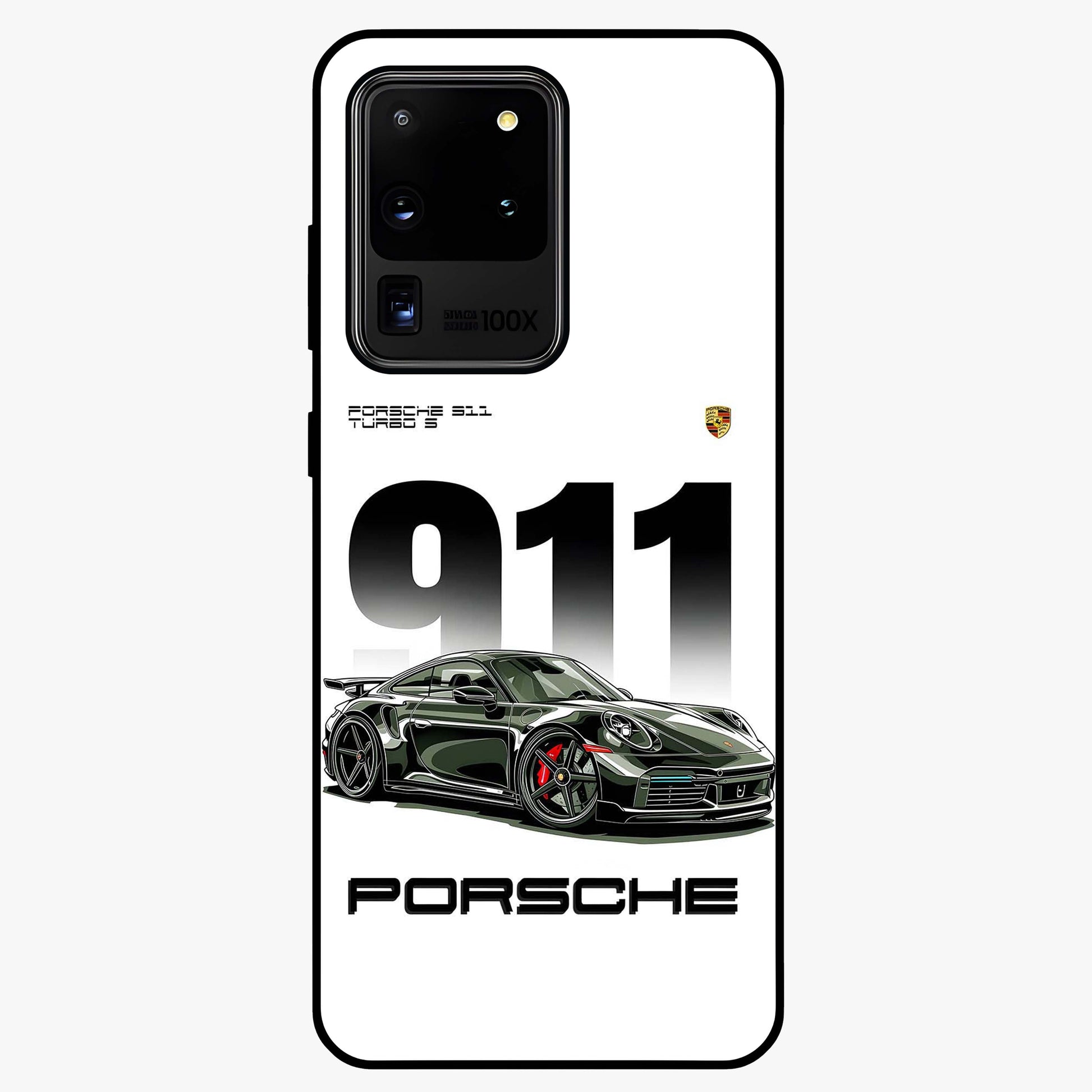 911 Turbo Dominance Glass Case showing clean flat back view with bold 911 sports car artwork and glossy glass finish.