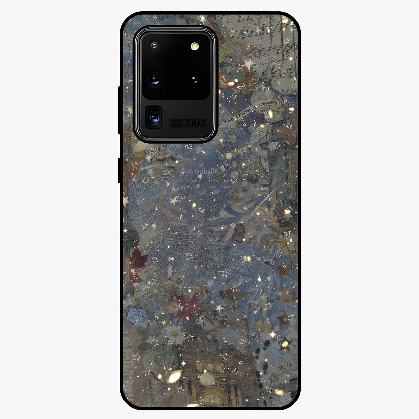 Aesthetic Astrolophia Glass Case showing flat back view with dreamy aesthetic design and glossy glass finish.
