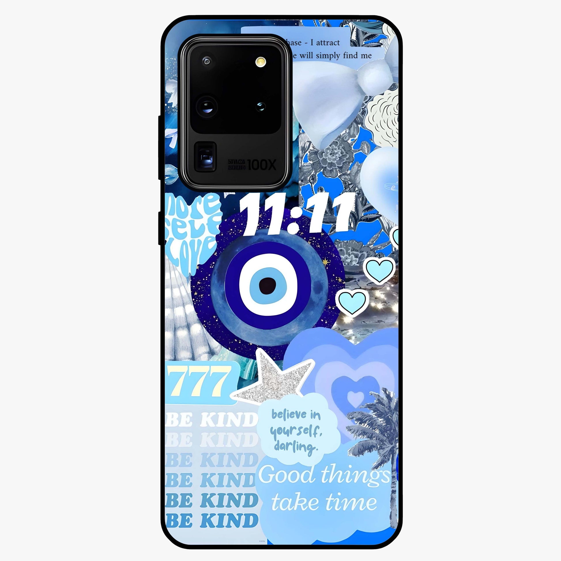 Aesthetic Be Kind Eye Glass Case showing flat back view with motivational eye artwork and glossy glass finish.