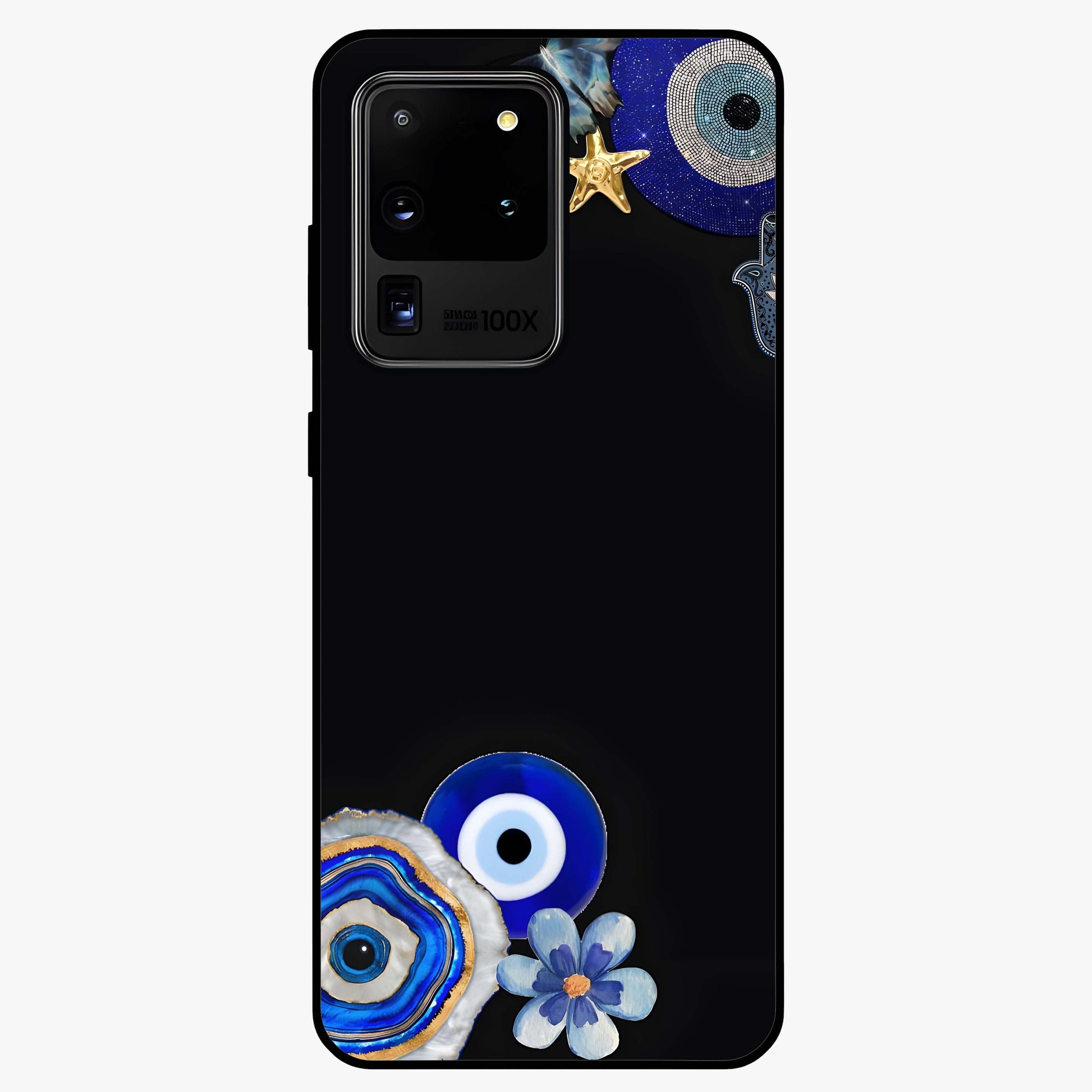 Aesthetic Blue Evil Eye Glass Case showing flat back view with protective evil eye artwork and glossy glass finish.
