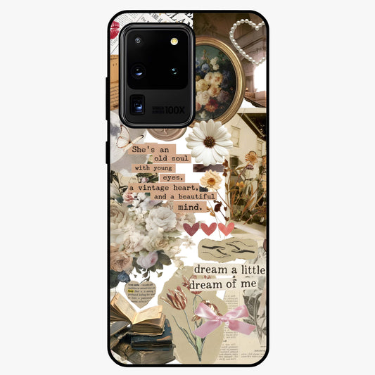 Aesthetic Brown Vintage Collage Glass Case showing flat back view with retro collage artwork and glossy glass finish.