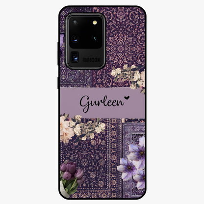 Antique Floral Whisper Custom Name Glass Case showing flat back view with vintage floral artwork and personalized name design.