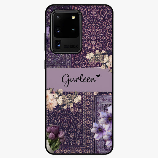 Antique Floral Whisper Custom Name Glass Case showing flat back view with vintage floral artwork and personalized name design.