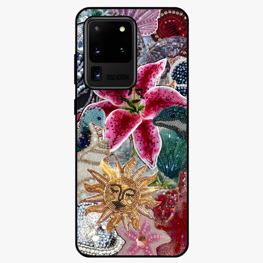 Beaded Garden Fantasy Glass Case showing flat back view with dreamy garden bead artwork and glossy glass finish.